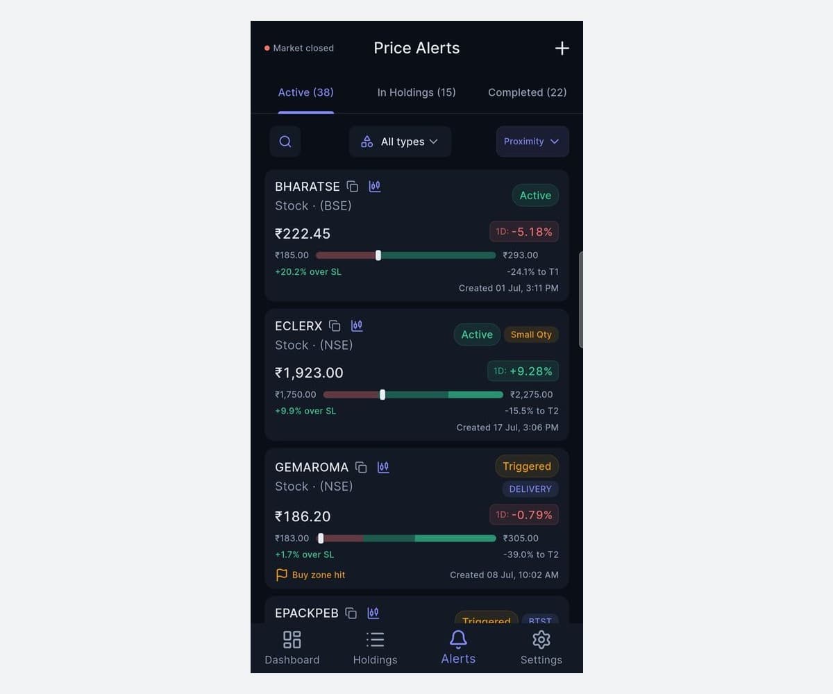 PortfolioPulse price alerts with Active, In-Holdings, and Completed tabs and stop-to-target progress bars