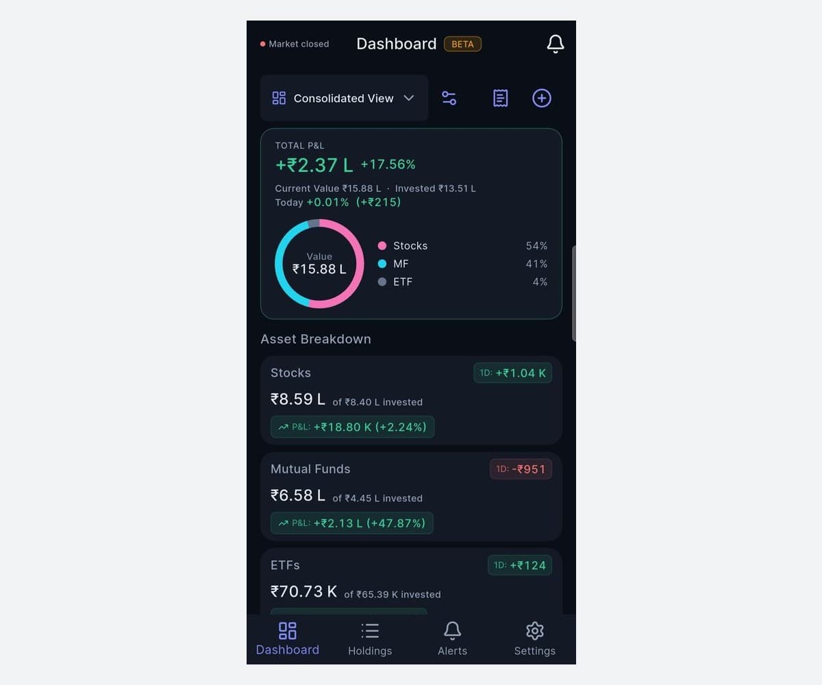 PortfolioPulse consolidated dashboard showing total P&L, an asset-class donut, and per-class breakdown cards