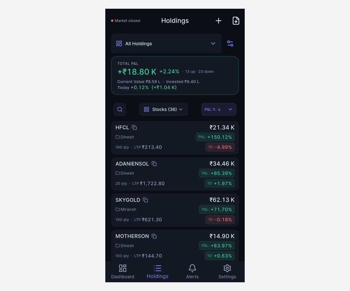 PortfolioPulse holdings list with per-position P&L, quantity, and last traded price